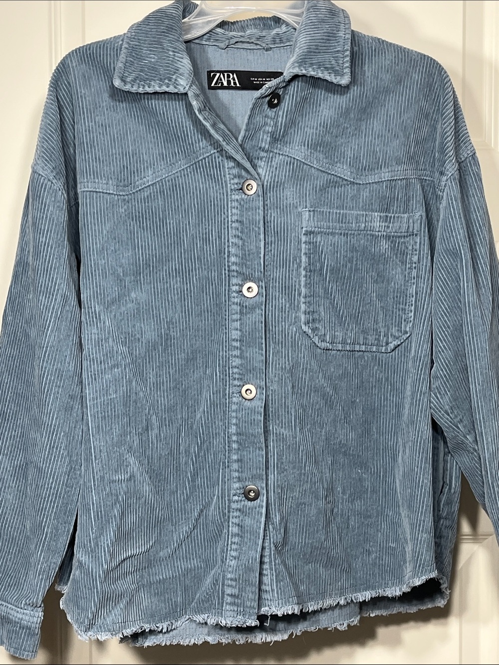Zara Blue Corduroy Overshirt Shacket Frayed Hem Button Front Medium